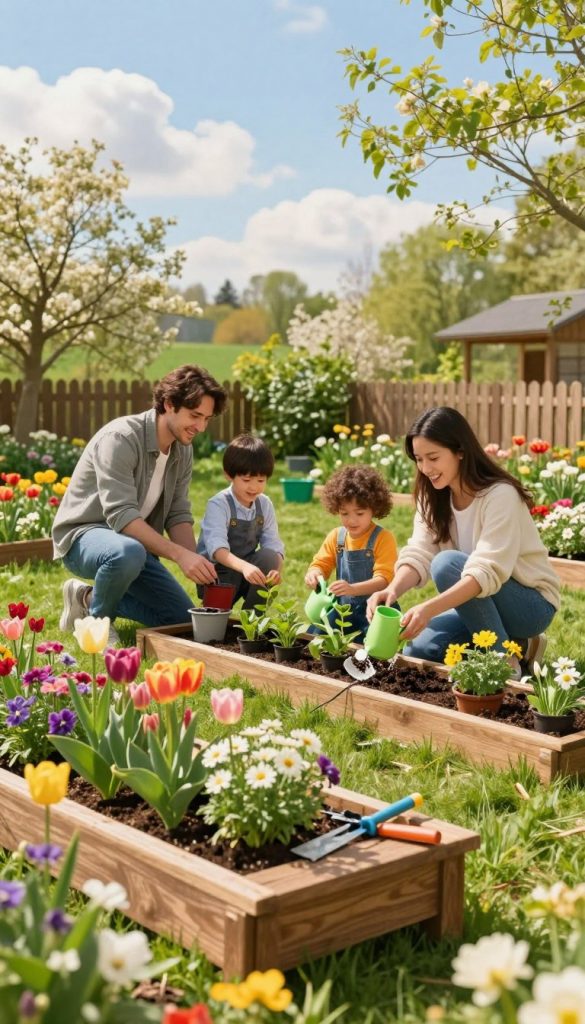 A vibrant spring garden scene filled with blooming flowers, lush greenery, and colorful planters. In the foreground, a variety of flowers in full bloom, like tulips and daisies, alongside a wooden gardening bench with tools scattered around. In the middle, a family of four dressed in casual, modest attire is planting seeds and watering young plants, their joyful expressions reflecting excitement and wonder. The background features a sunny sky with soft, fluffy clouds, a small wooden fence, and leafy trees swaying gently in a light breeze, creating a serene atmosphere. Warm, inviting colors showcase the freshness of spring. The image embodies a natural DIY aesthetic with a Pinterest-worthy look, ideal for family gardening inspiration. Brand name: KlickKiste.
