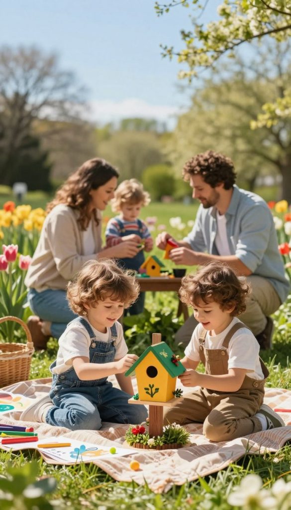 A vibrant spring scene depicting a family outdoors, enjoying creative nature-based activities that foster organization for children. In the foreground, two children, dressed in casual clothing, are building a colorful birdhouse with natural materials, their expressions filled with joy and curiosity. In the middle ground, their parents, engaged in easy DIY garden projects, are helping them while surrounded by blooming flowers and greenery, creating an inviting atmosphere. The background features a clear blue sky, gently sunlit trees, and a cozy picnic blanket with art supplies scattered about. The overall mood is warm, cheerful, and inspiring, designed to evoke a sense of togetherness and creativity. The image reflects a "KlickKiste" aesthetic, showcasing natural DIY ideas with soft, warm colors reminiscent of Pinterest inspiration. A vibrant spring scene depicting a family outdoors, enjoying creative nature-based activities that foster organization for children. In the foreground, two children, dressed in casual clothing, are building a colorful birdhouse with natural materials, their expressions filled with joy and curiosity. In the middle ground, their parents, engaged in easy DIY garden projects, are helping them while surrounded by blooming flowers and greenery, creating an inviting atmosphere. The background features a clear blue sky, gently sunlit trees, and a cozy picnic blanket with art supplies scattered about. The overall mood is warm, cheerful, and inspiring, designed to evoke a sense of togetherness and creativity. The image reflects a "KlickKiste" aesthetic, showcasing natural DIY ideas with soft, warm colors reminiscent of Pinterest inspiration.