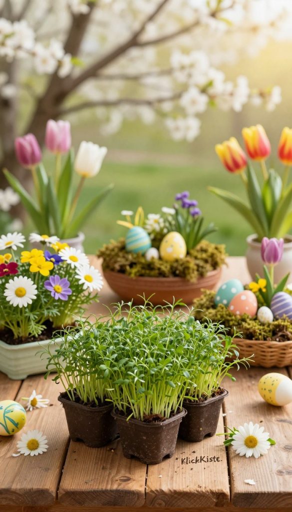 A vibrant spring scene featuring a beautifully arranged collection of fresh cress, delicate spring flowers, and charming miniature Easter gardens, all set atop a rustic wooden table. In the foreground, small pots of lush green cress burst with life, with colorful flowers like daisies and tulips surrounding them. The middle ground showcases handcrafted Easter decorations, such as painted eggs nestled in soft moss, creating a whimsical feel. In the background, a softly blurred outdoor setting with blooming trees gently illuminates the scene with warm, natural light. The atmosphere is joyful and inviting, capturing a cozy, creative DIY spirit, reminiscent of inspiring Pinterest aesthetics. This image embodies the essence of spring and the creativity of DIY projects, signed "KlickKiste."