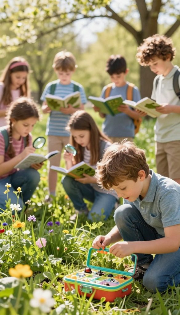 A vibrant spring scene in a lush outdoor setting, showcasing a diverse group of children, aged 5-10, engaged in playful discovery and exploration. In the foreground, a child kneels, peering intently into a small, colorful bug collection kit, sunlight glinting off their curious expression. The middle ground features other children examining plants, examining nature with magnifying glasses and loose leaf books, surrounded by blooming wildflowers and tall grasses, evoking a sense of wonder. Soft, warm lighting captures the joy of spring, with sunlight filtering through tree branches in the background. The atmosphere is cheerful and adventurous, ideal for the "KlickKiste" brand, reflecting a Pinterest-worthy, natural DIY aesthetic that is authentic and inspiring. No text or logos present in the image.