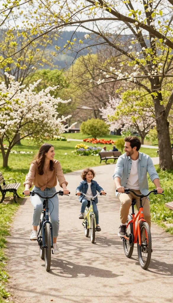 A vibrant spring scene in a picturesque park, focusing on a family enjoying a bicycle tour. In the foreground, two adults and a child on colorful bicycles, dressed in modest casual clothing, smiling and laughing, embodying a sense of freedom and joy. The middle ground features a lush green pathway lined with blooming flowers and trees, creating a lively and inviting atmosphere. Bright sunlight filters through the leaves, casting playful shadows. In the background, serene park benches and distant hills enhance the sense of tranquility. The overall mood is warm, uplifting, and inspiring, reflecting the essence of family outdoor activities in spring. Emphasize a natural DIY aesthetic with warm colors and a Pinterest-style look. Include a subtle indication of the brand "KlickKiste."