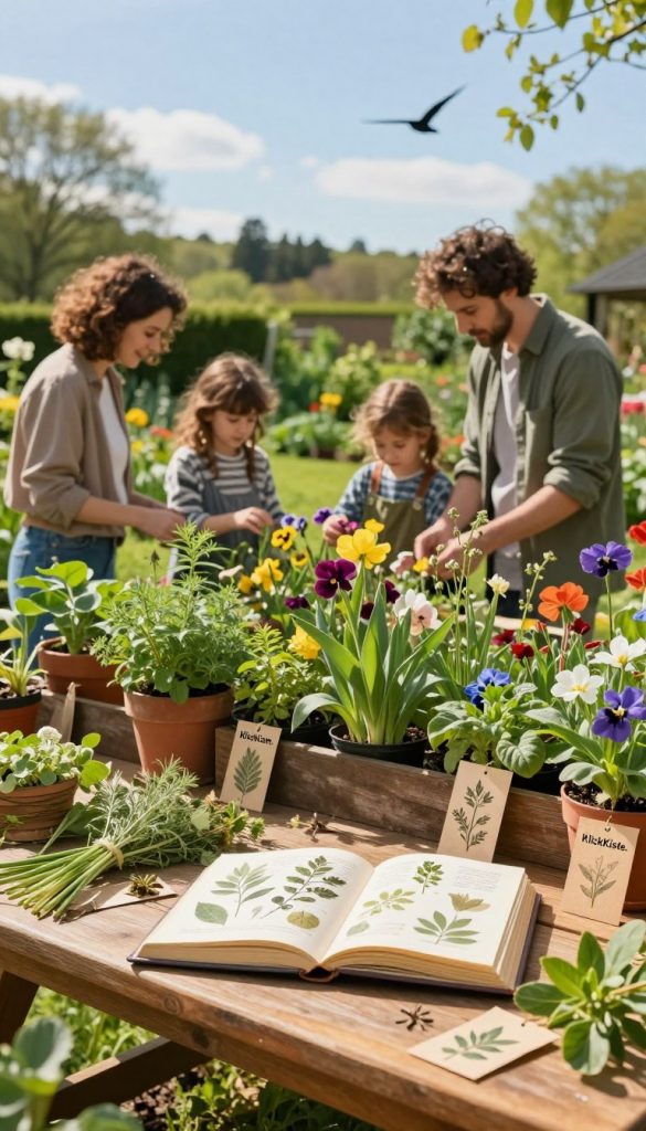 A vibrant spring scene showcasing a diversity of plants in a lush garden setting, emphasizing an assortment of greenery, colorful flowers, and herbs. In the foreground, a wooden table is adorned with an open herbarium book, surrounded by freshly picked plants and handmade plant labels, signifying a plants rally. In the middle, a family of four, dressed in comfortable yet modest casual clothing, passionately explores the garden, with one child examining flowers up close. The background features a sunlit landscape with a clear blue sky and birds flitting about, casting warm, inviting light over the scene. The composition evokes a sense of connection to nature and creativity, embodying an inspiring and authentic DIY spirit that reflects the brand "KlickKiste."