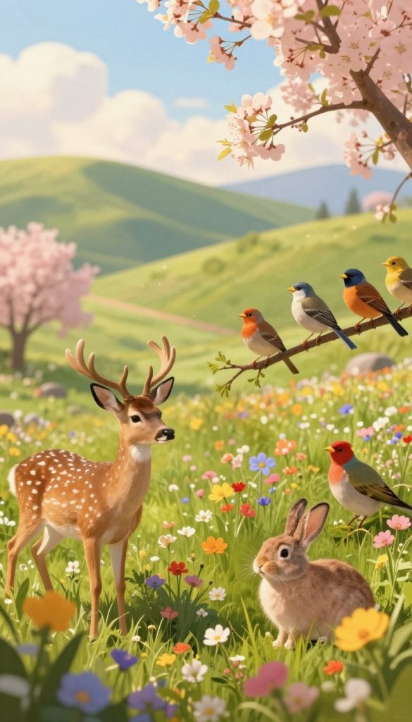A vibrant spring scene showcasing a rich variety of animals enjoying the blossoming nature. In the foreground, a curious deer and a playful rabbit are nestled among a bed of colorful wildflowers. In the middle ground, a small group of birds can be seen perched on a low branch, chirping cheerfully. The background features rolling green hills with gentle sunlight breaking through fluffy clouds, casting a warm glow over the landscape. Soft-focus elements enhance the dreamy atmosphere, creating a sense of peace and wonder. The image reflects an authentic DIY aesthetic, inspired by Pinterest, with rich, warm colors. Perfect for illustrating the beauty of wildlife in spring, this scene embodies the spirit of "KlickKiste".
