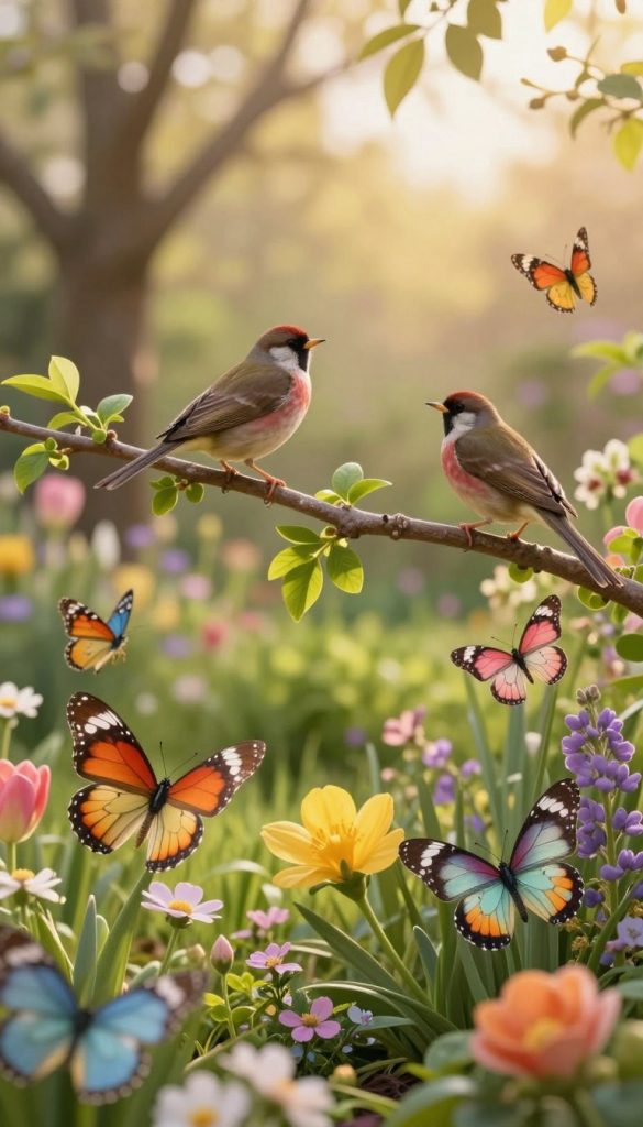 A vibrant spring scene showcasing delicate butterflies and cheerful birds in a lush garden setting, capturing the essence of modern decor with a DIY aesthetic. In the foreground, colorful butterflies flutter among blooming flowers, their wings open to display intricate patterns. The middle ground features chirping birds perched on a branch, surrounded by fresh green foliage, while the background boasts soft-focus trees bathed in warm sunlight, creating a serene atmosphere. The lighting is warm and inviting, reminiscent of a late afternoon glow, accentuating the natural colors and textures. This image embodies an authentic and inspirational Pinterest-like look, perfectly aligned with the brand KlickKiste&rsquo;s vision of spring home decor.