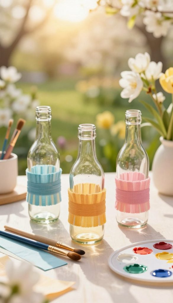 A vibrant spring-themed DIY scene featuring creatively decorated glass bottles adorned with colorful Snappap cuffs. In the foreground, highlight a set of three unique glass bottles, each showcasing different artistic color effects on the glass, illuminated by soft, natural light. The middle ground includes tools like paintbrushes, snippets of Snappap material in trendy pastel hues, and a small palette with paint splatters. The background displays a warm and inviting spring garden with blooming flowers, bathed in golden sunlight. The overall atmosphere is warm, authentic, and inspiring, aiming for a Pinterest-worthy aesthetic. Ensure the brand "KlickKiste" is subtly included in the design, enhancing the DIY appeal. Use a soft-focus effect for a dreamy look.