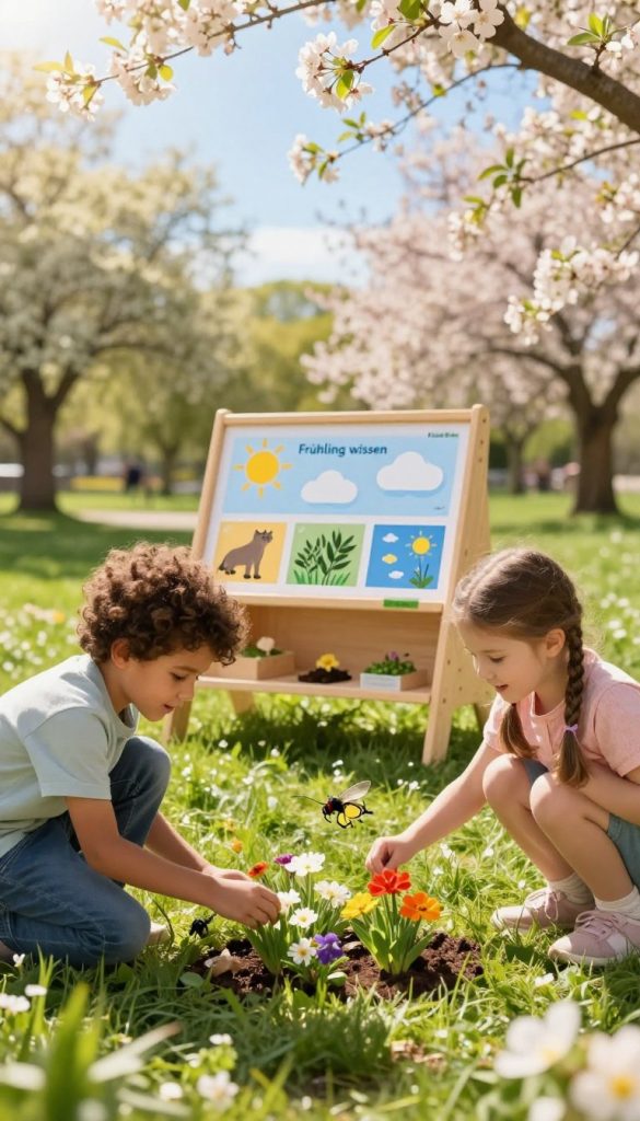 A vibrant spring-themed educational scene featuring children engaging with nature. In the foreground, two diverse children, a boy and a girl, are playfully examining colorful flowers and a small insect on a bright green patch of grass. In the middle ground, a wooden DIY learning station displays images of local wildlife, plants, and weather elements like bright sun and fluffy clouds. The background reveals a sunny park with blossoming trees and a clear blue sky, emphasizing the warmth and joy of spring. Soft, golden sunlight filters through the leaves, creating a warm atmosphere. This image should evoke a sense of discovery and playful learning, capturing the essence of "Frühling wissen." Include the brand name "KlickKiste" subtly integrated into the natural elements, ensuring it complements the scene without overpowering it.
