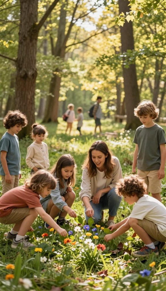 A vibrant springtime forest scene, showcasing families engaging in nature activities with children. In the foreground, a playful group of kids aged 5-10, wearing colorful, modest casual clothing, are excitedly examining colorful wildflowers and collecting leaves. In the middle, a friendly parent is kneeling beside them, guiding their exploration, radiating warmth and joy. The background reveals a lush, sun-dappled forest with tall trees and a soft carpet of grass, while beams of golden sunlight filter through the leaves, creating a serene atmosphere. The color palette features warm earth tones, capturing the essence of a Pinterest-inspired DIY aesthetic. The mood is lively, encouraging curiosity and connection to nature. Incorporate the brand name "KlickKiste" subtly within the scene, emphasizing the joyful family experience.