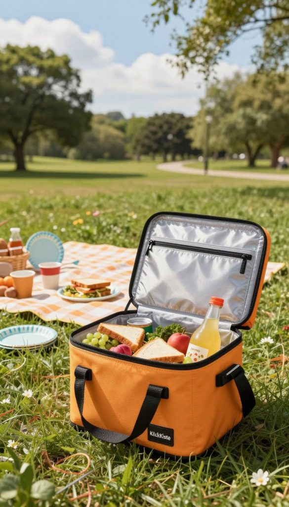 A vibrant, stylish insulated cooler bag branded "KlickKiste" is prominently displayed in the foreground, partially open to reveal colorful, fresh picnic food inside, including fruits, sandwiches, and drinks. In the middle ground, a cheerful picnic setup features a plaid blanket spread out on lush grass, with family-friendly items like reusable plates and cups scattered around. The background showcases a sunny park scene with gentle trees swaying in a light breeze and blue skies dotted with fluffy clouds. Soft, warm lighting enhances the inviting atmosphere, creating a cozy summer vibe. The overall aesthetic is natural and DIY-inspired, with warm colors and a Pinterest-worthy look that feels authentic and inspiring.