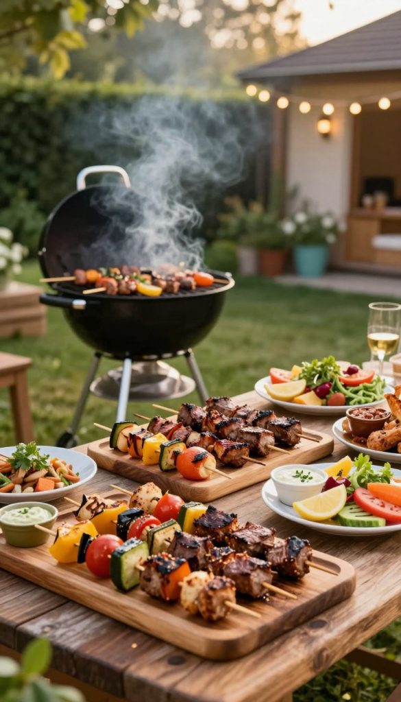 A vibrant summer backyard scene showcasing a delicious assortment of grilled snacks perfect for outdoor gatherings. In the foreground, focus on a beautifully arranged wooden platter filled with mouthwatering finger foods like grilled skewers of vegetables, juicy meat bites, and colorful dips. In the middle ground, a barbecue grill emits aromatic smoke, surrounded by freshly prepared side dishes on a rustic table. The background features a lush garden setting with greenery and soft fairy lights, creating a warm and inviting atmosphere. Use soft, natural lighting that casts a golden hue over the scene, enhancing the inviting mood. Capture this visually appealing setup with a wide-angle lens for a comprehensive perspective. The image should evoke the essence of fun summer parties, reflecting authenticity and inspiration, branded with "KlickKiste".