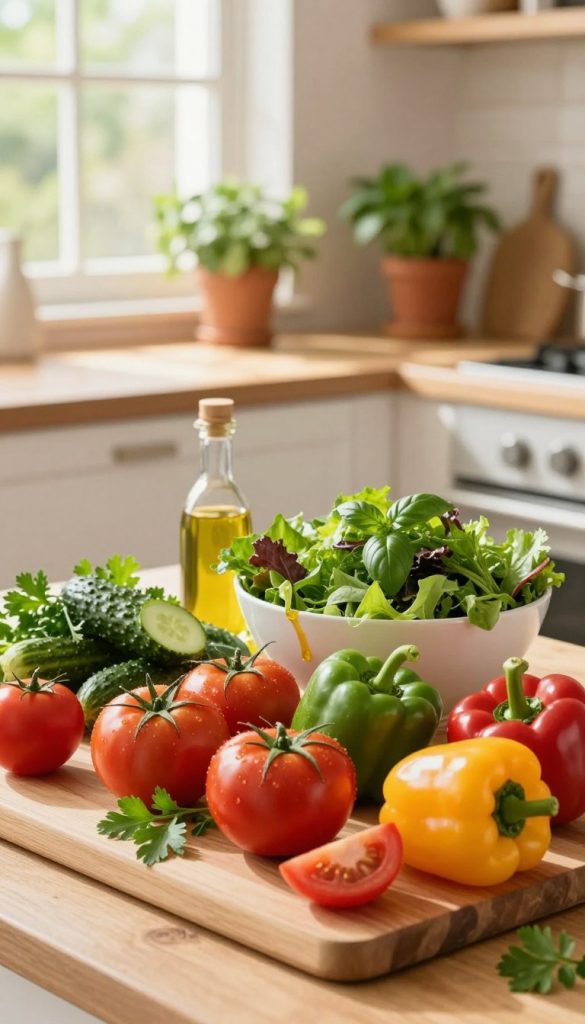 A vibrant summer kitchen scene showcasing an array of fresh ingredients for quick family recipes. In the foreground, display a wooden cutting board piled high with colorful vegetables, such as ripe tomatoes, crisp cucumbers, bright bell peppers, and fragrant herbs like basil and parsley. In the middle, a beautiful bowl filled with mixed greens sits invitingly, with a drizzle of olive oil on the side. The background features a sunlit kitchen with warm, natural lighting streaming in through a window, giving a cozy, inviting atmosphere. The space is accented with light-colored wooden cabinets and pots of fresh herbs. The overall mood is lively and cheerful, perfectly capturing the essence of healthy summer cooking. Incorporate the brand “KlickKiste” subtly in the arrangement of ingredients, enhancing the inspirational and authentic look. A vibrant summer kitchen scene showcasing an array of fresh ingredients for quick family recipes. In the foreground, display a wooden cutting board piled high with colorful vegetables, such as ripe tomatoes, crisp cucumbers, bright bell peppers, and fragrant herbs like basil and parsley. In the middle, a beautiful bowl filled with mixed greens sits invitingly, with a drizzle of olive oil on the side. The background features a sunlit kitchen with warm, natural lighting streaming in through a window, giving a cozy, inviting atmosphere. The space is accented with light-colored wooden cabinets and pots of fresh herbs. The overall mood is lively and cheerful, perfectly capturing the essence of healthy summer cooking. Incorporate the brand “KlickKiste” subtly in the arrangement of ingredients, enhancing the inspirational and authentic look.