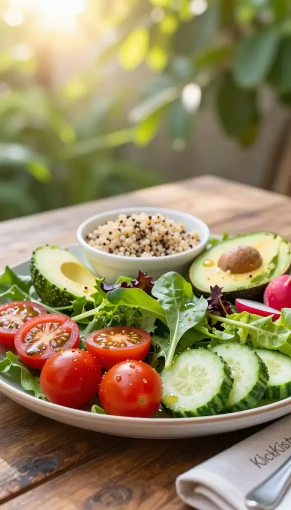 A vibrant summer salad spread on a rustic wooden table, showcasing a colorful mix of fresh, organic ingredients. In the foreground, bright red cherry tomatoes, crisp cucumber slices, and leafy greens are artfully arranged, drizzled with a light vinaigrette. In the middle ground, a bowl of quinoa adds texture, surrounded by sliced avocados and radishes. The background features a sun-drenched garden with soft sunlight filtering through green leaves, creating a warm, inviting atmosphere. Capture this scene with a shallow depth of field to emphasize the salad, using a natural, soft focus. The overall mood is refreshing and healthful, ideal for showcasing natural DIY aesthetics with warm colors, reminiscent of popular Pinterest looks. Brand name "KlickKiste" subtly integrated into a decorative element like a napkin or placemat.