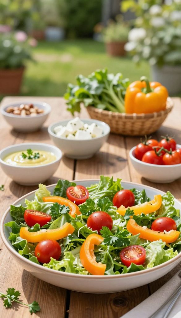 A vibrant summer salad spread on a rustic wooden table, showcasing a variety of fresh ingredients. In the foreground, a large bowl filled with crisp greens, juicy cherry tomatoes, and colorful bell peppers is beautifully arranged, garnished with sprigs of parsley. In the middle ground, smaller bowls of homemade dressings and toppings like feta cheese and nuts are artfully placed, inviting a sense of abundance. The background features a sunny garden setting with soft-focus greenery, enhancing the warm, inviting ambiance. The lighting is bright and natural, suggesting a sunny day, while a shallow depth of field draws attention to the salad. Crafted in a Pinterest-worthy style, this image reflects the essence of summer gatherings, evoking feelings of joy and culinary creativity for KlickKiste.