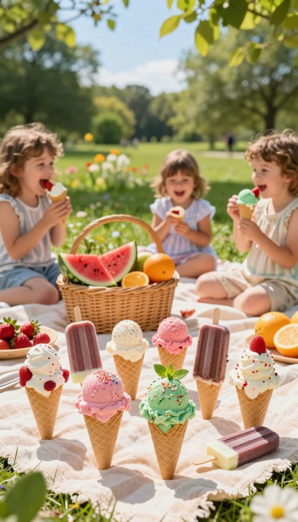A vibrant summer scene featuring an assortment of delicious, colorful ice cream cones and popsicles, beautifully arranged on a rustic picnic blanket. In the foreground, the ice treats display a variety of flavors, such as strawberry, mint, and chocolate, topped with sprinkles and fresh fruit. In the middle, a wicker basket filled with juicy watermelon slices and bright citrus fruits complements the icy treats, while a few playful children, dressed in light summer clothing, laugh and enjoy their snacks. The background showcases a lush green park filled with blooming flowers under a bright blue sky, giving off a warm, inviting atmosphere. Soft sunlight filters through the leaves, creating dappled light effects. The overall mood should evoke joy and the simplicity of summer family activities, in an authentic DIY style reminiscent of Pinterest. Include elements that reflect the brand "KlickKiste".