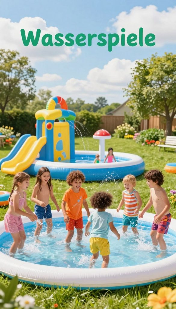 A vibrant summer scene featuring children playing in a backyard water play area, capturing the joy of "Wasserspiele" on a sunny day. In the foreground, a diverse group of kids is splashing water while laughing, wearing colorful, modest summer clothing. The middle ground showcases inflatable water toys and a small kiddie pool surrounded by lush green grass and flowers, emphasizing a fun, inviting atmosphere. The background includes a bright blue sky with fluffy white clouds and a few trees swaying gently, contributing to an idyllic summer vibe. Soft, warm lighting enhances the joyful mood. The scene embodies the spirit of playfulness and creativity, inspired by the brand "KlickKiste", encouraging outdoor family fun. A vibrant summer scene featuring children playing in a backyard water play area, capturing the joy of "Wasserspiele" on a sunny day. In the foreground, a diverse group of kids is splashing water while laughing, wearing colorful, modest summer clothing. The middle ground showcases inflatable water toys and a small kiddie pool surrounded by lush green grass and flowers, emphasizing a fun, inviting atmosphere. The background includes a bright blue sky with fluffy white clouds and a few trees swaying gently, contributing to an idyllic summer vibe. Soft, warm lighting enhances the joyful mood. The scene embodies the spirit of playfulness and creativity, inspired by the brand "KlickKiste", encouraging outdoor family fun.