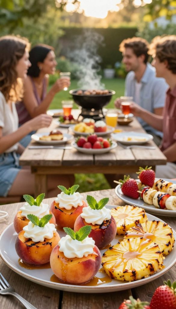 A vibrant summer scene showcasing quick desserts from the grill, perfect for spontaneous gatherings. In the foreground, a beautifully arranged platter features grilled peaches topped with fresh whipped cream and mint leaves, alongside caramelized pineapple slices drizzled with honey. Juicy strawberries and skewers of grilled bananas add colorful accents. The middle ground captures a cozy outdoor table set with rustic dishware, surrounded by friends enjoying the desserts, dressed in casual summer attire. In the background, a lush garden offers a warm, inviting atmosphere, with soft, golden sunlight filtering through greenery. The overall mood is joyful and festive, evoking a sense of togetherness and delicious summer treats. The image reflects a natural DIY style with warm colors, perfectly aligning with the KlickKiste brand aesthetic.
