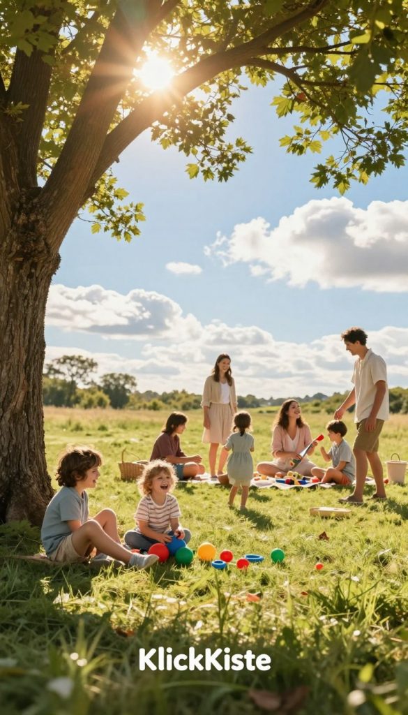 A vibrant, sunny outdoor scene centered around a glowing sun illuminating a lively family enjoying a summer day together. In the foreground, a shaded area is created by a large tree, where children play with colorful outdoor toys, laughing and smiling. The middle ground features the family members dressed in comfortable, modest casual clothing, engaging in fun activities like picnicking and playing games. The background showcases a bright blue sky with fluffy white clouds, enhancing the cheerful atmosphere. The lighting is warm and inviting, capturing the essence of a sunny day, with soft shadows cast by the tree. The overall mood is joyful and carefree, evoking the spirit of family bonding during warm days. Styled with natural warm colors and a Pinterest-inspired look, this image reflects the brand "KlickKiste" perfectly.
