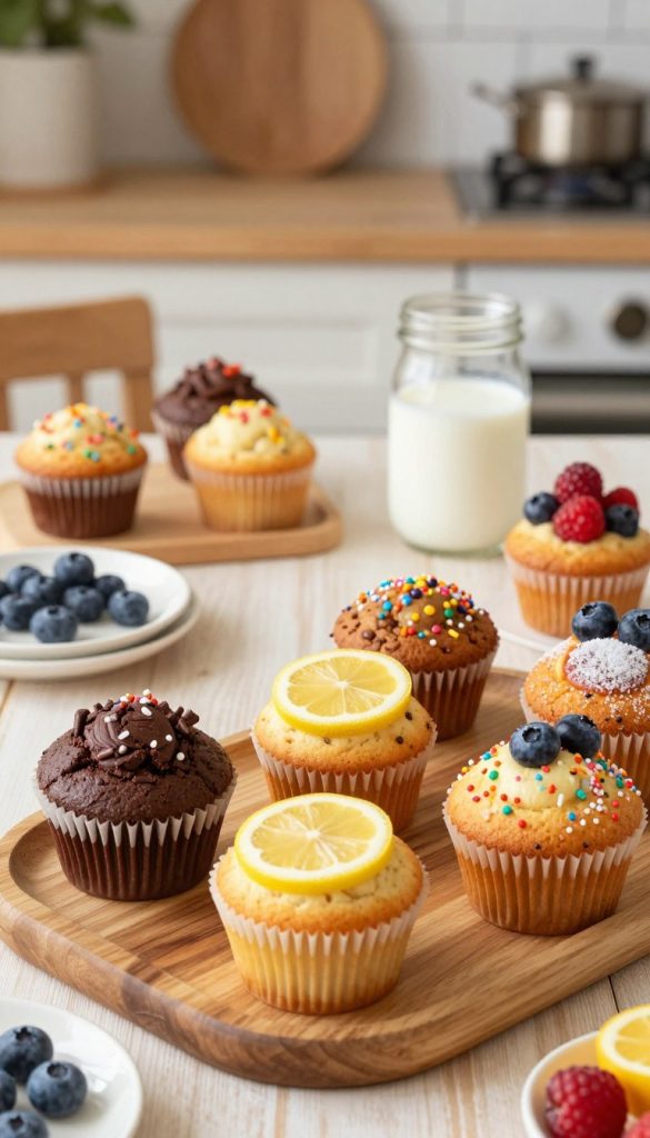 A vibrant tabletop scene showcasing a delightful array of muffins in various flavors, including rich chocolate, zesty lemon, and fresh berries, alongside a sugar-free option. Each muffin is artfully decorated with colorful sprinkles and fresh fruit on top. The foreground features a wooden platter filled with these delicious treats, while small plates and a mason jar filled with milk sit nearby. In the middle ground, natural lighting highlights the warm, inviting colors of the muffins, creating a cozy atmosphere. The background includes a softly blurred kitchen setting with rustic decor, exuding a DIY vibe. This image, branded with "KlickKiste," captures the essence of wholesome baking fun for children, inspiring creativity and joy in the kitchen. A vibrant tabletop scene showcasing a delightful array of muffins in various flavors, including rich chocolate, zesty lemon, and fresh berries, alongside a sugar-free option. Each muffin is artfully decorated with colorful sprinkles and fresh fruit on top. The foreground features a wooden platter filled with these delicious treats, while small plates and a mason jar filled with milk sit nearby. In the middle ground, natural lighting highlights the warm, inviting colors of the muffins, creating a cozy atmosphere. The background includes a softly blurred kitchen setting with rustic decor, exuding a DIY vibe. This image, branded with "KlickKiste," captures the essence of wholesome baking fun for children, inspiring creativity and joy in the kitchen.