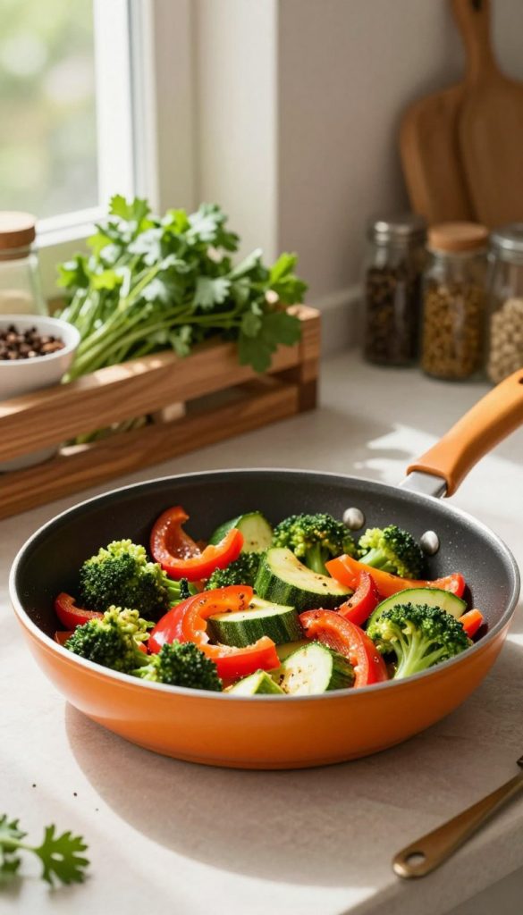 A vibrant, warm-colored frying pan filled with a delectable mix of fresh vegetables, such as bell peppers, zucchini, and broccoli, sautéing together. The pan is center-stage in the foreground, creating an inviting atmosphere. In the background, a rustic kitchen setting with wooden shelves displaying various herbs and spices, soft, natural light filtering in through a window, casting gentle shadows. The composition is slightly angled to capture the depth of the pan, enhancing the richness of the ingredients. The overall mood is cheerful and inspiring, evoking a cozy cooking experience. Ideal for a Pinterest-inspired aesthetic, showcasing a quick and healthy meal. Include the brand name "KlickKiste" subtly integrated into the scene, ensuring a cohesive look.