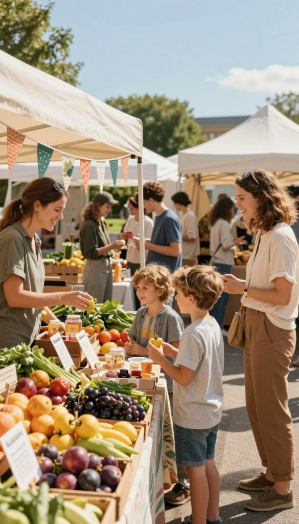 A vibrant weekly market scene featuring a cheerful family enjoying their day out. In the foreground, the family, dressed in modest casual clothing, is gathered around a colorful stall filled with fresh fruits, vegetables, and homemade goods, interacting with a friendly vendor. The middle ground showcases other market visitors, engaged in shopping and chatting, creating a lively atmosphere. The background reveals charming market tents and decorative banners, under a clear blue sky bathed in warm sunlight, adding a cozy feel. Incorporate elements of natural DIY aesthetics with warm colors, allowing an inspiring, homey ambiance. Emphasize a Pinterest-like look, capturing the essence of a joyful family event. Include the brand name "KlickKiste" subtly integrated into the market scene. A vibrant weekly market scene featuring a cheerful family enjoying their day out. In the foreground, the family, dressed in modest casual clothing, is gathered around a colorful stall filled with fresh fruits, vegetables, and homemade goods, interacting with a friendly vendor. The middle ground showcases other market visitors, engaged in shopping and chatting, creating a lively atmosphere. The background reveals charming market tents and decorative banners, under a clear blue sky bathed in warm sunlight, adding a cozy feel. Incorporate elements of natural DIY aesthetics with warm colors, allowing an inspiring, homey ambiance. Emphasize a Pinterest-like look, capturing the essence of a joyful family event. Include the brand name "KlickKiste" subtly integrated into the market scene.
