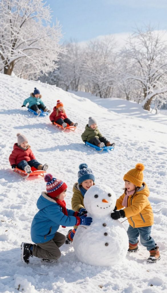 A vibrant winter scene showcasing children engaged in outdoor activities, dressed in colorful, warm clothing suitable for cold weather. In the foreground, a group of three children, wearing bright hats and gloves, are building a snowman, smiling joyfully. In the middle ground, a gentle slope is visible where other kids are sledding down, creating a lively atmosphere filled with laughter. The background features a snow-covered landscape with frosted trees, under a clear blue sky illuminated by soft winter sunlight, casting gentle shadows. The scene embodies a cozy and cheerful mood, emphasizing the joys of outdoor play in winter. Shot from a slightly elevated angle to capture the dynamic activities, the image should exude warmth, inspiration, and the spirit of family fun outdoors, resonating with the essence of "KlickKiste." A vibrant winter scene showcasing children engaged in outdoor activities, dressed in colorful, warm clothing suitable for cold weather. In the foreground, a group of three children, wearing bright hats and gloves, are building a snowman, smiling joyfully. In the middle ground, a gentle slope is visible where other kids are sledding down, creating a lively atmosphere filled with laughter. The background features a snow-covered landscape with frosted trees, under a clear blue sky illuminated by soft winter sunlight, casting gentle shadows. The scene embodies a cozy and cheerful mood, emphasizing the joys of outdoor play in winter. Shot from a slightly elevated angle to capture the dynamic activities, the image should exude warmth, inspiration, and the spirit of family fun outdoors, resonating with the essence of "KlickKiste."