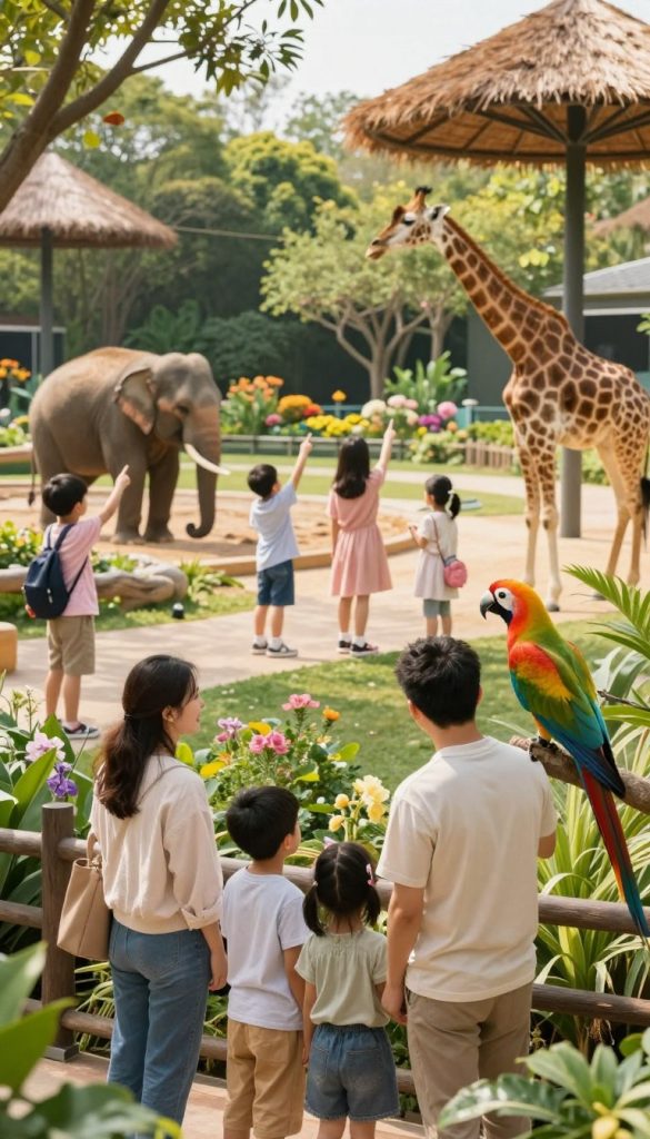 A vibrant zoo scene during spring, filled with families enjoying the outdoors. In the foreground, a mother and father with two children examine a colorful tropical bird in a lush enclosure, all dressed in modest casual attire. In the middle ground, a variety of animals like playful elephants and giraffes can be seen, with families happily pointing and taking pictures. The background features a beautifully landscaped botanical garden filled with blooming flowers and greenery, evoking a sense of calm and joy. The scene is bathed in warm, natural sunlight, creating a welcoming atmosphere. The image has a soft focus reminiscent of a Pinterest aesthetic, ideal for a family-friendly DIY theme. The brand name "KlickKiste" is subtly suggested through the design elements in the scene.