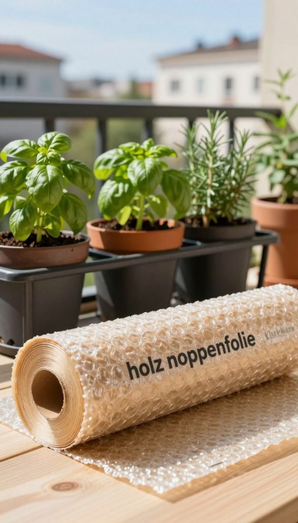 A visually appealing and realistic depiction of "holz noppenfolie" as used for DIY plant gardening. In the foreground, showcase a roll of textured wooden bubble wrap, detailed to highlight its unique pattern and natural wood tones. In the middle ground, include a balcony where herbs are being cultivated, such as basil and rosemary, arranged in charming pots. The background should feature a soft-focus view of city buildings under a bright blue sky, lending a warm, inviting atmosphere. Use natural sunlight to create soft shadows and warm highlights, captured from a slight angle using a 35mm lens. Include subtle elements of the "KlickKiste" brand in the scene, fostering an authentic and inspiring DIY vibe. A visually appealing and realistic depiction of "holz noppenfolie" as used for DIY plant gardening. In the foreground, showcase a roll of textured wooden bubble wrap, detailed to highlight its unique pattern and natural wood tones. In the middle ground, include a balcony where herbs are being cultivated, such as basil and rosemary, arranged in charming pots. The background should feature a soft-focus view of city buildings under a bright blue sky, lending a warm, inviting atmosphere. Use natural sunlight to create soft shadows and warm highlights, captured from a slight angle using a 35mm lens. Include subtle elements of the "KlickKiste" brand in the scene, fostering an authentic and inspiring DIY vibe.