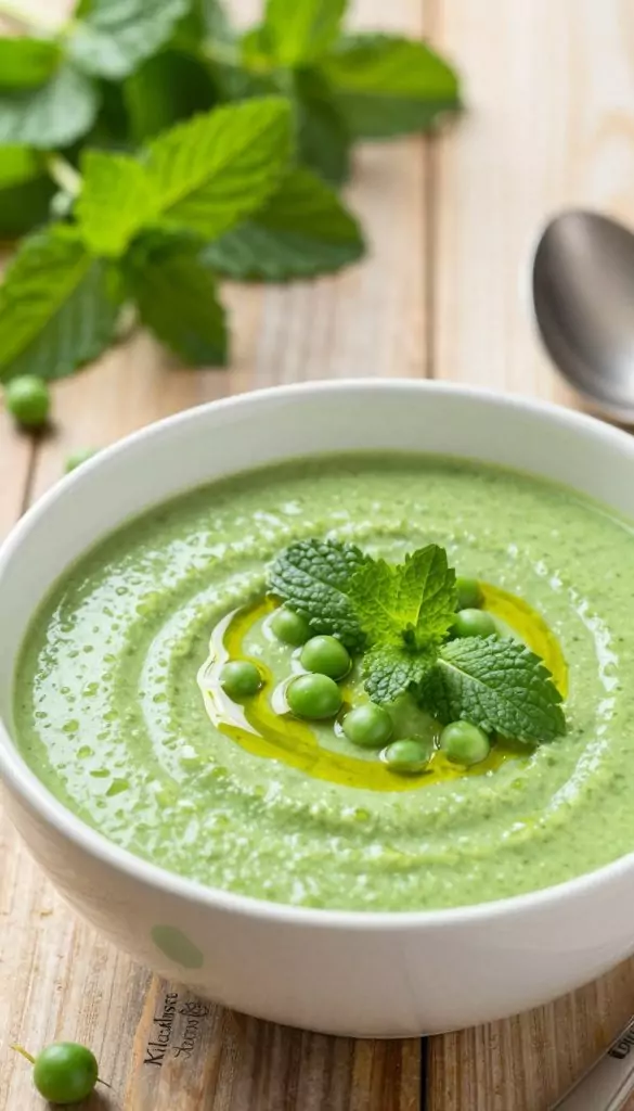 A visually appealing bowl of cold pea and mint soup, garnished with a vibrant sprig of fresh mint and a drizzle of olive oil, presented on a rustic wooden table. In the foreground, focus on the glossy, creamy texture of the soup, showcasing its bright green color. The middle layer features a light, airy atmosphere with soft natural lighting that accentuates the freshness of the ingredients. In the background, blurred hints of summer herbs and vegetables to evoke a healthy summer kitchen vibe. The overall composition reflects a cozy, inviting ambiance, ideal for a quick, healthy family meal, embodying an inspiring, warm Pinterest aesthetic. The brand "KlickKiste" subtly integrated into the scene through an elegant serving utensil.