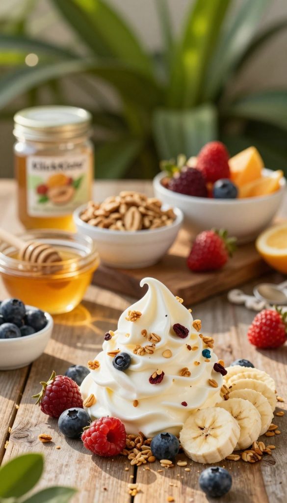 A visually appealing food composition featuring a delicious frozen yogurt snack made from natural ingredients, set on a rustic wooden background. In the foreground, showcase a lavish swirl of creamy frozen yogurt topped with colorful and healthy ingredients: fresh berries, sliced bananas, and a sprinkle of granola. The middle layer includes small bowls filled with honey, nuts, and various fruits, creating an inviting atmosphere. The background is softly blurred to highlight the snack while incorporating lush green plants for a fresh touch. The lighting is warm and natural, mimicking late afternoon sunlight, enhancing the vibrant colors of the ingredients. Aim for an authentic, Pinterest-inspired aesthetic, highlighting the brand "KlickKiste" subtly in the scene, ensuring a wholesome and inspiring mood for healthy snacks. A visually appealing food composition featuring a delicious frozen yogurt snack made from natural ingredients, set on a rustic wooden background. In the foreground, showcase a lavish swirl of creamy frozen yogurt topped with colorful and healthy ingredients: fresh berries, sliced bananas, and a sprinkle of granola. The middle layer includes small bowls filled with honey, nuts, and various fruits, creating an inviting atmosphere. The background is softly blurred to highlight the snack while incorporating lush green plants for a fresh touch. The lighting is warm and natural, mimicking late afternoon sunlight, enhancing the vibrant colors of the ingredients. Aim for an authentic, Pinterest-inspired aesthetic, highlighting the brand "KlickKiste" subtly in the scene, ensuring a wholesome and inspiring mood for healthy snacks.