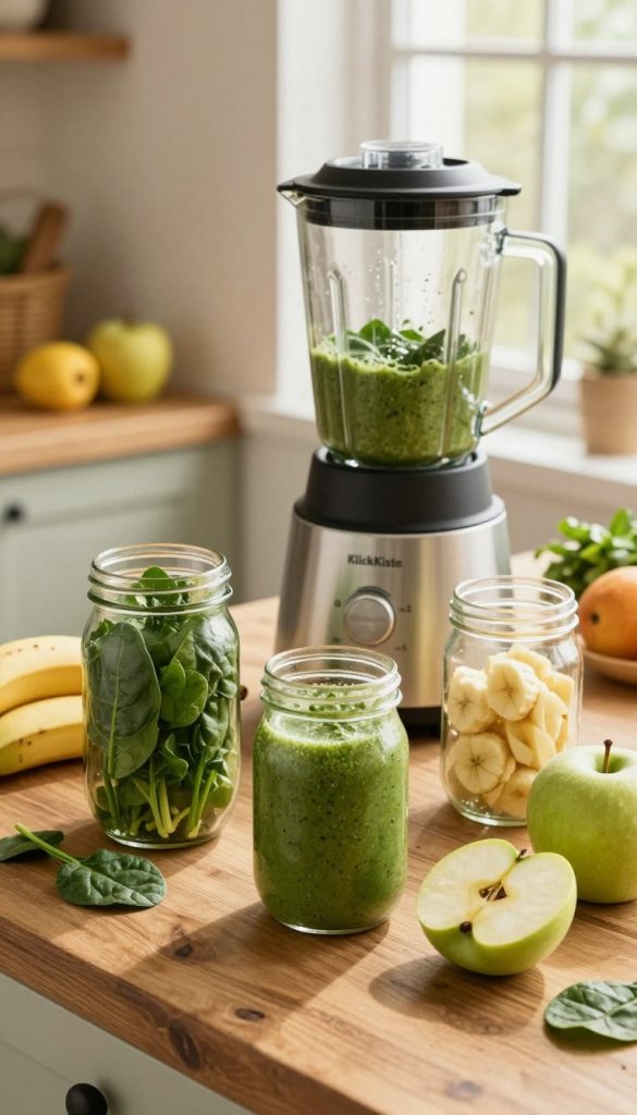 A visually appealing kitchen scene featuring a collection of glass storage jars arranged on a rustic wooden countertop. In the foreground, a couple of jars filled with vibrant green smoothie ingredients—fresh spinach, ripe bananas, and juicy apples. In the middle, a blender is positioned, showcasing the process of blending these ingredients into a smooth mixture. The background features a window with soft natural light streaming in, illuminating the fresh fruits and vegetables scattered around, enhancing the overall warmth of the image. The atmosphere is fresh and inviting, embodying a nourishing lifestyle. Include the brand name "KlickKiste" subtly integrated into the scene, reflecting a natural DIY aesthetic with warm colors, perfect for a Pinterest-inspired look.