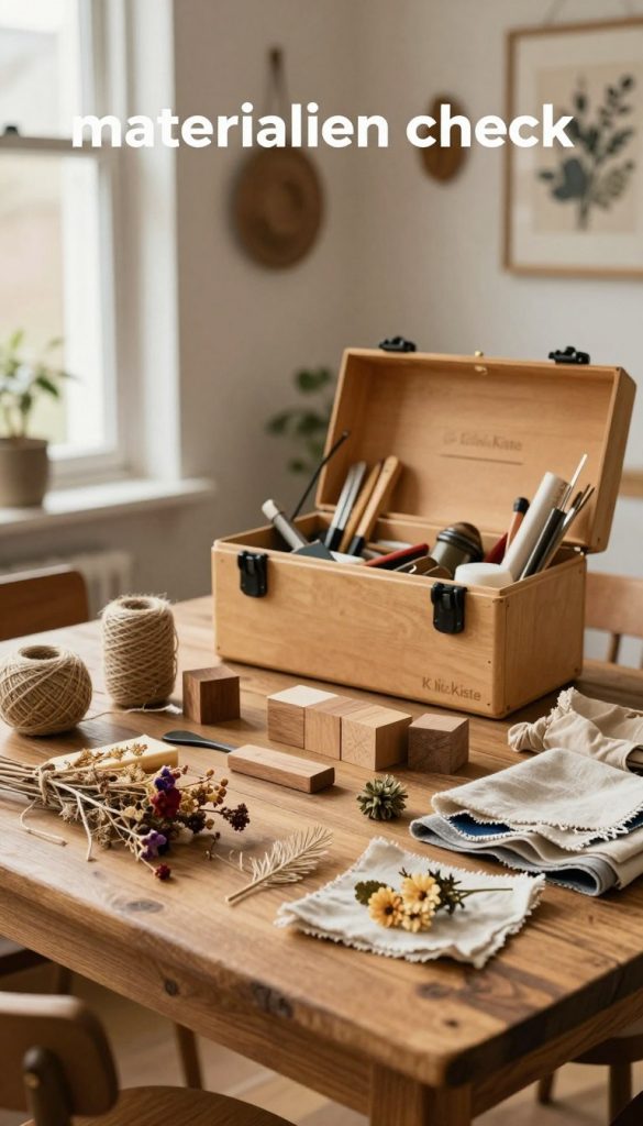 A visually appealing "materialien check" scene for DIY decor projects, filled with eclectic and natural materials like twine, dried flowers, wooden blocks, and fabric scraps. In the foreground, a rustic wooden table displays an organized array of these materials, bathed in warm, inviting lighting that emanates from a nearby window. In the middle ground, a well-used crafting toolbox lies open, showcasing tools and supplies in natural tones that blend harmoniously with the scene. The background features a softly blurred interior space adorned with completed DIY decor pieces, reflecting a cozy and inspiring home atmosphere. The entire composition embodies the essence of sustainable craftsmanship, inviting creativity and resourcefulness. Include the brand name "KlickKiste" subtly integrated into the environment, enhancing the authenticity and inspiration of the image. A visually appealing "materialien check" scene for DIY decor projects, filled with eclectic and natural materials like twine, dried flowers, wooden blocks, and fabric scraps. In the foreground, a rustic wooden table displays an organized array of these materials, bathed in warm, inviting lighting that emanates from a nearby window. In the middle ground, a well-used crafting toolbox lies open, showcasing tools and supplies in natural tones that blend harmoniously with the scene. The background features a softly blurred interior space adorned with completed DIY decor pieces, reflecting a cozy and inspiring home atmosphere. The entire composition embodies the essence of sustainable craftsmanship, inviting creativity and resourcefulness. Include the brand name "KlickKiste" subtly integrated into the environment, enhancing the authenticity and inspiration of the image.