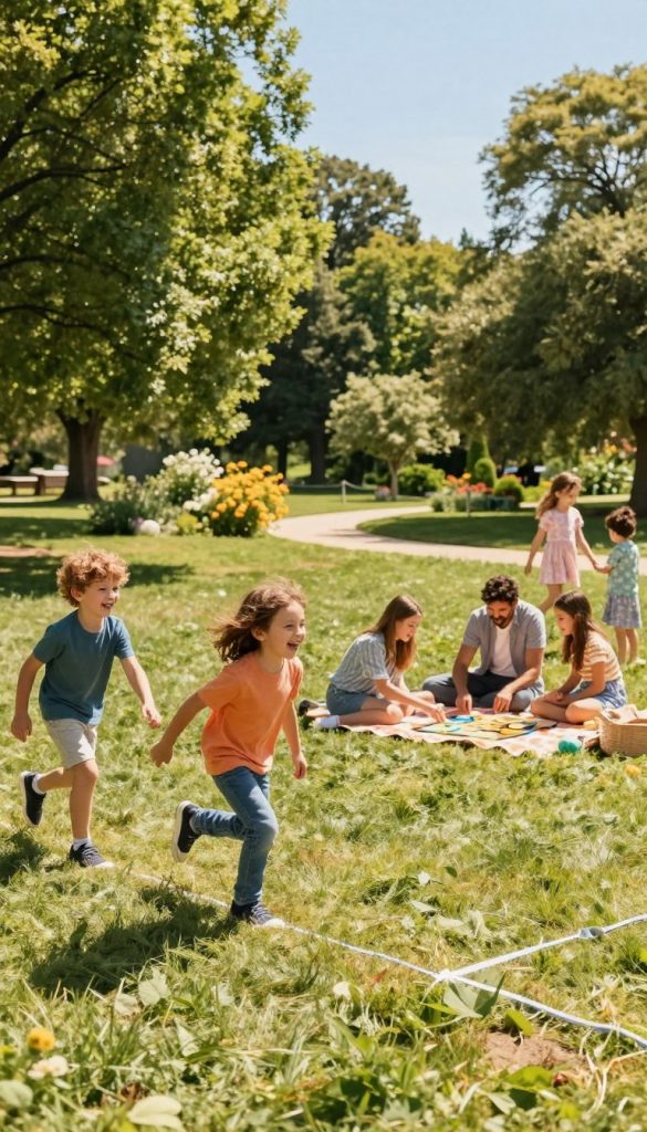 A vivid outdoor scene showcasing a family enjoying various games in a sunny park. In the foreground, three children are playing a classic game of tag, laughing and running energetically in colorful casual clothing. In the middle ground, a family is engaged in a friendly picnic while playing board games on a checkered blanket, evoking a sense of togetherness. The background features tall green trees, bright blooming flowers, and a clear blue sky, creating a cheerful and inviting atmosphere. The lighting is warm and sunny, enhancing the joyful mood. The image embodies a natural DIY aesthetic with rich, warm colors, reminiscent of a Pinterest look. Ensure to include subtle branding for "KlickKiste" in the scene without being obtrusive. A vivid outdoor scene showcasing a family enjoying various games in a sunny park. In the foreground, three children are playing a classic game of tag, laughing and running energetically in colorful casual clothing. In the middle ground, a family is engaged in a friendly picnic while playing board games on a checkered blanket, evoking a sense of togetherness. The background features tall green trees, bright blooming flowers, and a clear blue sky, creating a cheerful and inviting atmosphere. The lighting is warm and sunny, enhancing the joyful mood. The image embodies a natural DIY aesthetic with rich, warm colors, reminiscent of a Pinterest look. Ensure to include subtle branding for "KlickKiste" in the scene without being obtrusive.