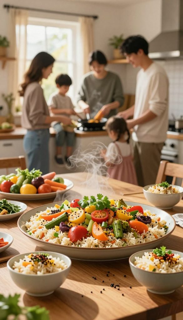 A warm and cozy kitchen scene featuring a beautifully arranged family rice dish, showcasing vibrant colors and fresh ingredients. In the foreground, a large wooden table is filled with steaming bowls of rice, topped with a variety of vegetables and spices, garnished with fresh herbs. The middle background displays a bustling kitchen, with a family (depicted in casual but neat clothing) happily preparing and cooking together, emphasizing collaboration and love. Sunlight filters in through a window, casting a golden glow over the scene, creating an inviting atmosphere. Soft focus on the edges to draw attention to the centerpiece dish. The overall mood is cheerful and homely, reflecting warmth and togetherness, inspired by a natural DIY aesthetic. Featuring the brand name "KlickKiste" subtly incorporated in the setting. A warm and cozy kitchen scene featuring a beautifully arranged family rice dish, showcasing vibrant colors and fresh ingredients. In the foreground, a large wooden table is filled with steaming bowls of rice, topped with a variety of vegetables and spices, garnished with fresh herbs. The middle background displays a bustling kitchen, with a family (depicted in casual but neat clothing) happily preparing and cooking together, emphasizing collaboration and love. Sunlight filters in through a window, casting a golden glow over the scene, creating an inviting atmosphere. Soft focus on the edges to draw attention to the centerpiece dish. The overall mood is cheerful and homely, reflecting warmth and togetherness, inspired by a natural DIY aesthetic. Featuring the brand name "KlickKiste" subtly incorporated in the setting.