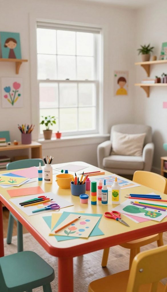 A warm and inviting DIY craft space for kids, featuring a colorful table filled with craft supplies like paper, scissors, glue, and paints. The foreground showcases a neatly organized craft station with vibrant art materials, perfect for springtime projects. In the middle, a large window lets in natural light, enhancing the cheerful atmosphere. The background includes shelves decorated with completed crafts and a cozy chair, creating a welcoming creative nook. Soft lighting adds a cozy touch, reminiscent of a Pinterest-worthy setting. The scene embodies inspiration and creativity, branded with the name "KlickKiste" subtly integrated into the decor, all while maintaining a clean, clutter-free appearance suitable for quick setup.