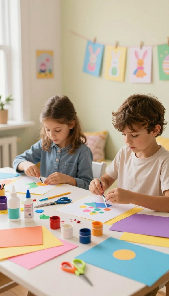 A warm and inviting DIY crafting scene featuring children engaged in creative activities. In the foreground, a table cluttered with colorful craft supplies like paper, scissors, glue, and vibrant paints, showcasing the joyful mess of the crafting process. In the middle, two children, aged around 6 and 8, wearing modest casual clothing, are focused on making handmade Easter gifts, their expressions filled with excitement and concentration. The background shows a bright, sunlit room with pastel-colored walls adorned with cheerful decorations and finished crafts hanging on a string, creating a cozy atmosphere. The lighting is soft and natural, accentuating the warmth of the scene and reflecting the aesthetic of Pinterest. The overall mood is playful and inspiring, embodying the essence of "KlickKiste" DIY tips for stress-free crafting with kids.