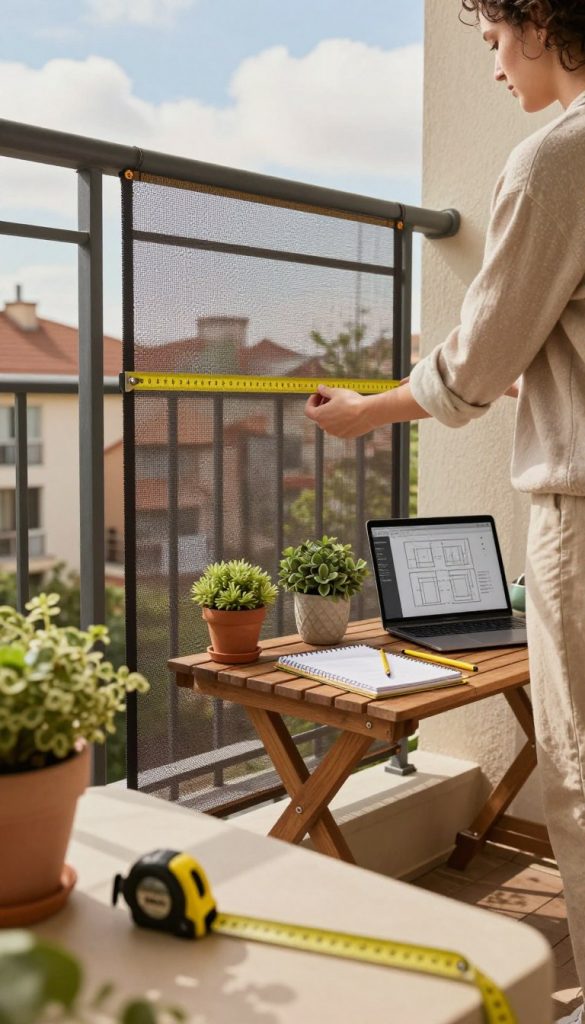 A warm and inviting balcony scene showcasing a person measuring a balcony for a privacy screen, dressed in modest casual clothing, demonstrating a DIY project spirit. In the foreground, a measuring tape unwinds across a surface adorned with potted plants and decorative items. The middle ground features a wooden table with tools such as a ruler, notepad, and a laptop displaying design ideas. The background reveals a bright sky with soft clouds and neighboring buildings, creating a cozy urban atmosphere. Use natural lighting to illuminate the scene, enhancing the warmth and authenticity, reminiscent of popular Pinterest aesthetics. Incorporate subtle branding for "KlickKiste" in the decor.
