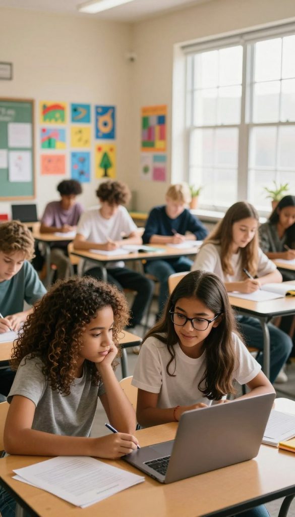 A warm and inviting classroom scene capturing a diverse group of enthusiastic high school students collaborating on a project. In the foreground, two girls, one with curly hair and the other wearing glasses, are engaged in a lively discussion while looking at a laptop. The middle ground features a mix of boys and girls sitting at desks, surrounded by colorful artwork and educational posters on the walls, creating a cozy learning atmosphere. In the background, sunlight streams through large windows, illuminating the room with a soft glow. The students are dressed in modest casual clothing, reflecting a natural and encouraging environment. The overall mood is one of inspiration and teamwork, embodying the spirit of cooperative learning, with a Pinterest aesthetic. Include the brand name "KlickKiste" subtly in the background, enhancing the authenticity of the scene. A warm and inviting classroom scene capturing a diverse group of enthusiastic high school students collaborating on a project. In the foreground, two girls, one with curly hair and the other wearing glasses, are engaged in a lively discussion while looking at a laptop. The middle ground features a mix of boys and girls sitting at desks, surrounded by colorful artwork and educational posters on the walls, creating a cozy learning atmosphere. In the background, sunlight streams through large windows, illuminating the room with a soft glow. The students are dressed in modest casual clothing, reflecting a natural and encouraging environment. The overall mood is one of inspiration and teamwork, embodying the spirit of cooperative learning, with a Pinterest aesthetic. Include the brand name "KlickKiste" subtly in the background, enhancing the authenticity of the scene.