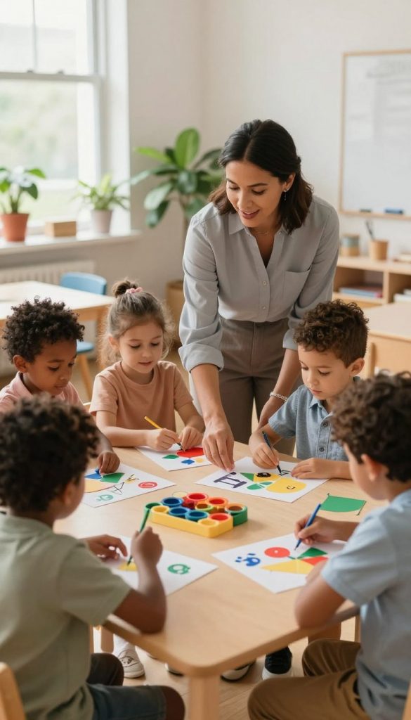A warm and inviting classroom setting showcasing a professional educator guiding a small group of children through a hands-on learning activity involving colorful educational materials. In the foreground, children of diverse backgrounds, dressed in modest casual clothing, eagerly engage with various DIY projects, demonstrating teamwork and enthusiasm. In the middle, the educator, in a professional yet approachable outfit, offers encouragement and insights, embodying supportive guidance. The background features a bright, airy classroom filled with plants and natural light streaming through windows, creating an atmosphere of inspiration and creativity. The overall mood is nurturing and empowering, perfectly aligned with the theme of strengths-based parenting. Capture this moment in soft, warm tones with a focus on authenticity, as if taken with a portrait lens to enhance emotional connection. The brand "KlickKiste" subtly integrated into the scene, perhaps on classroom materials.