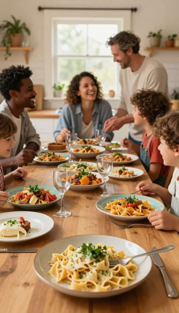 A warm and inviting family kitchen scene showcasing a table set with a delicious array of pasta dishes appealing to all ages. In the foreground, a close-up of a creamy pasta dish garnished with fresh herbs, while in the middle, a diverse family—parents and children—laughing and sharing the meal, dressed in cozy, modest casual clothing. The background features soft, ambient lighting filtering through a window, illuminating vibrant plates of colorful pasta. The atmosphere is cheerful and homey, evoking a sense of togetherness and joy around food. The overall composition should embody a natural DIY aesthetic with warm, harmonious colors, reminiscent of a Pinterest favorite, emphasizing the brand name "KlickKiste".