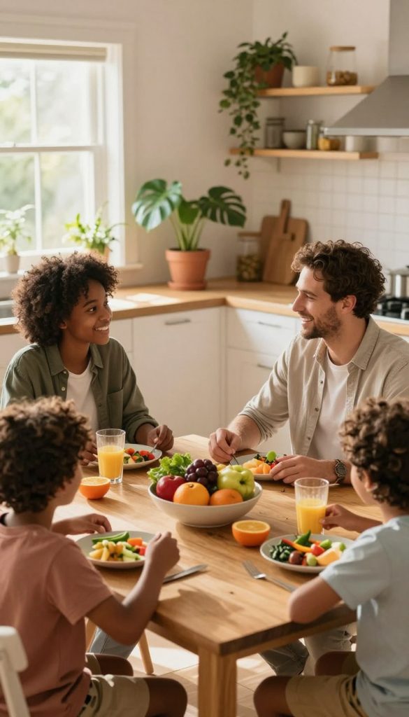 A warm and inviting family scene centered around a dining table. In the foreground, a diverse family of four—parents and two children—are engaged in a mindful meal, sharing fresh, colorful foods like fruits and vegetables, creating a vibrant and healthy atmosphere. The parents, dressed in modest casual clothing, demonstrate attentive interactions, showing joy and connection. In the middle ground, a softly lit kitchen with natural wood accents and potted plants creates a homely feel. In the background, gentle sunlight filters through a window, casting a warm glow on the entire scene. The overall mood is serene and inspirational, capturing the essence of mindful eating and connection. The image embodies a Pinterest-inspired aesthetic and includes subtle branding of "KlickKiste" integrated into the decor without direct representation.