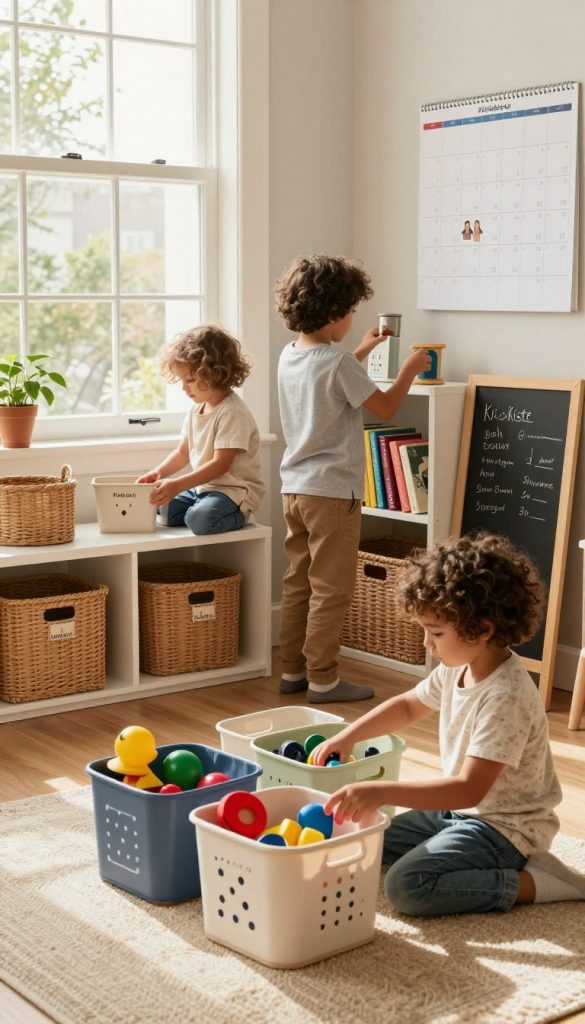 A warm and inviting family scene depicting children helping with household organization. In the foreground, a child is sorting colorful toys into labeled bins, while another child is arranging books on a shelf. The middle ground features a cozy living room with various DIY organization tools inspired by Pinterest, including woven baskets and a chalkboard for notes. In the background, soft daylight filters through a large window, casting a gentle glow on a family calendar on the wall, symbolizing routine and order. All human subjects are dressed in comfortable yet smart casual attire. The atmosphere is cheerful, inspiring, and nurturing, highlighting the theme of collaborative household management. The brand "KlickKiste" subtly incorporated into the decor elements, adding a touch of authenticity and inspiration. A warm and inviting family scene depicting children helping with household organization. In the foreground, a child is sorting colorful toys into labeled bins, while another child is arranging books on a shelf. The middle ground features a cozy living room with various DIY organization tools inspired by Pinterest, including woven baskets and a chalkboard for notes. In the background, soft daylight filters through a large window, casting a gentle glow on a family calendar on the wall, symbolizing routine and order. All human subjects are dressed in comfortable yet smart casual attire. The atmosphere is cheerful, inspiring, and nurturing, highlighting the theme of collaborative household management. The brand "KlickKiste" subtly incorporated into the decor elements, adding a touch of authenticity and inspiration.