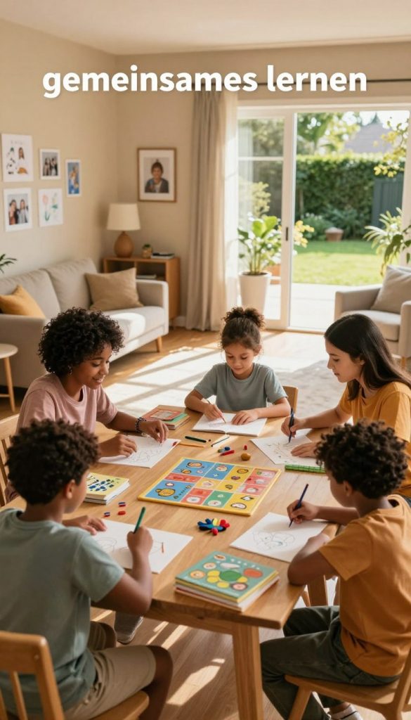 A warm and inviting family scene focused on "gemeinsames lernen" at home. In the foreground, a diverse family of four—parents and two children—engaged in a lively group activity at a dining table filled with books, art supplies, and educational games. The middle ground features a cozy, well-lit living room with warm-toned walls adorned with family photos and drawings. In the background, a large window reveals a sunny garden, enhancing the cheerful atmosphere. The scene is illuminated by soft, natural light casting gentle shadows. Capture an authentic, inspiring Pinterest aesthetic with a focus on togetherness and joy in learning, branded with the name "KlickKiste" subtly integrated into the decor. A warm and inviting family scene focused on "gemeinsames lernen" at home. In the foreground, a diverse family of four—parents and two children—engaged in a lively group activity at a dining table filled with books, art supplies, and educational games. The middle ground features a cozy, well-lit living room with warm-toned walls adorned with family photos and drawings. In the background, a large window reveals a sunny garden, enhancing the cheerful atmosphere. The scene is illuminated by soft, natural light casting gentle shadows. Capture an authentic, inspiring Pinterest aesthetic with a focus on togetherness and joy in learning, branded with the name "KlickKiste" subtly integrated into the decor.
