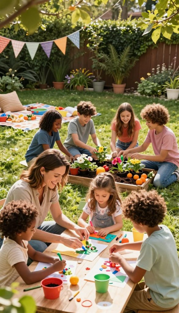 A warm and inviting family scene set in a sunlit backyard, showcasing a diverse family engaging in fun activities that strengthen their bonds. In the foreground, a mother and father playfully assisting their children in a DIY craft project, surrounded by vibrant materials and tools. The middle ground features teenagers laughing and working together on a communal gardening project, planting flowers and vegetables, symbolizing growth and teamwork. In the background, a cozy picnic area is set up with blankets and healthy snacks, surrounded by lush greenery and soft sunlight filtering through the leaves. The atmosphere is joyful and nurturing, reflecting a sense of togetherness and love. The image should evoke inspiration and authenticity, embodying a Pinterest aesthetic with warm colors. Include a subtle brand touch of "KlickKiste" through stylish decorations in the scene.