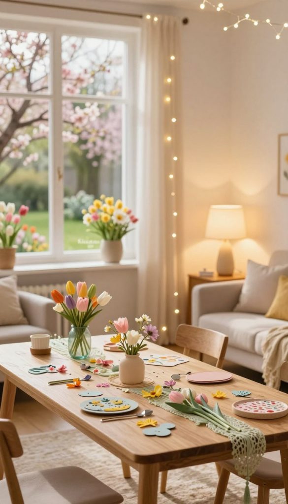 A warm and inviting indoor scene showcasing a beautifully decorated living space that embraces the spring theme. In the foreground, a charming wooden table adorned with colorful DIY decorations in pastel hues, such as floral arrangements and handcrafted items, providing a sense of creativity. The middle ground features stylish lamps with soft, glowing light, and twinkling fairy lights draped elegantly across the room, enhancing the atmosphere with a cozy, magical feel. In the background, a window reveals a glimpse of a vibrant spring garden filled with blooming flowers, softly illuminated by natural sunlight. The overall mood is cheerful and inspiring, reflecting the essence of spring with a focus on warmth and light. Capturing a Pinterest-worthy aesthetic, ideal for showcasing the brand name "KlickKiste".