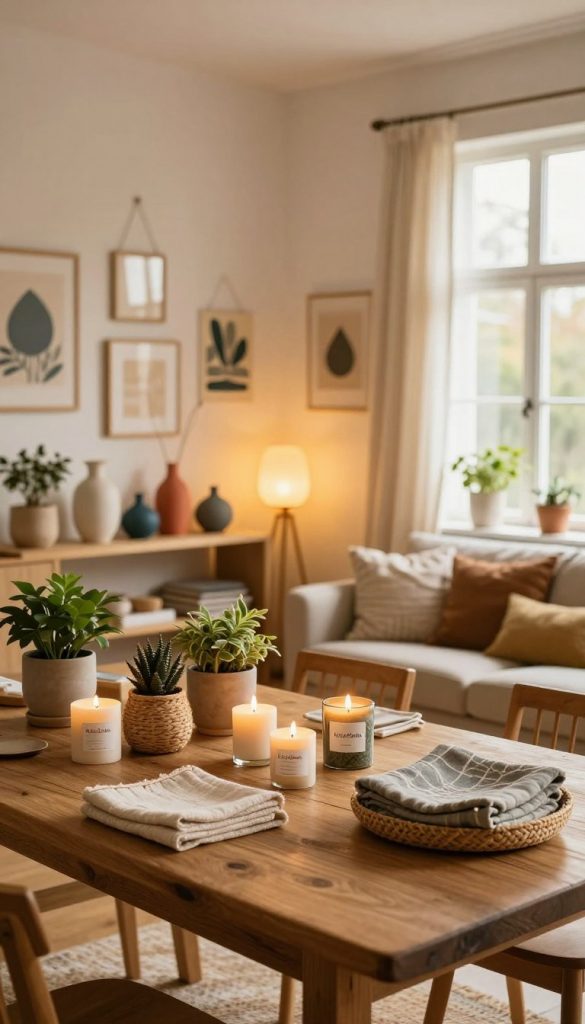 A warm and inviting interior scene showcasing a beautifully arranged variety of DIY home accessories from the brand "KlickKiste." In the foreground, a rustic wooden table holds an assortment of creative home decor items, such as handmade candles, potted plants, woven baskets, and decorative textiles. In the middle, a softly lit shelf displays colorful vases and artful wall hangings, creating a harmonious ambiance. The background features a cozy living area with natural light streaming in through large windows, illuminating the space with a golden glow. The overall mood is authentic and inspiring, with an emphasis on creative DIY ideas that make home styling easy and sustainable. Use a warm color palette to enhance the inviting atmosphere. Focus on a slightly angled perspective to create depth in the image.