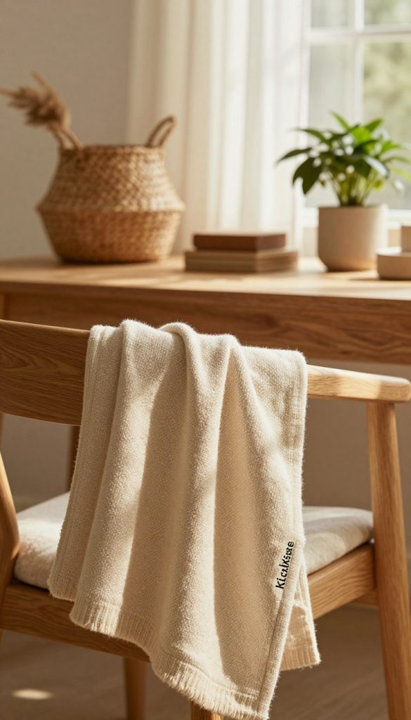 A warm and inviting interior scene showcasing cozy chic design elements inspired by the "KlickKiste" brand. In the foreground, display a soft, textured textile draped over a natural wooden chair, capturing the interplay of light and shadow. The middle ground features a subtle arrangement of handmade decor items, such as a woven basket and a potted plant, placed on a light-colored wooden table. In the background, allow warm natural light to filter through sheer curtains, creating an ethereal glow that enhances the warmth of the wooden elements. The atmosphere should exude comfort and inspiration, with earthy tones and a Pinterest-worthy aesthetic that invites creativity and DIY spirit into the home.