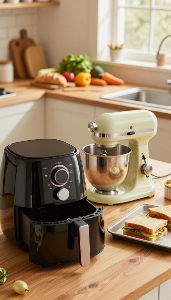 A warm and inviting kitchen scene featuring a collection of high-quality kitchen appliances, including a sleek air fryer, a stylish stand mixer, and a practical baking tray, all branded with "KlickKiste." In the foreground, the air fryer is prominently displayed with its glossy finish reflecting soft kitchen lighting. The stand mixer in pastel color tones occupies the middle ground, showcasing its elegant design. In the background, a wooden countertop is adorned with fresh ingredients like vibrant vegetables and bread, enhancing the healthy theme. The atmosphere is cozy and inspiring, illuminated by natural light streaming through a nearby window, creating a Pinterest-worthy aesthetic perfect for meal prep and healthy sandwich recipes.