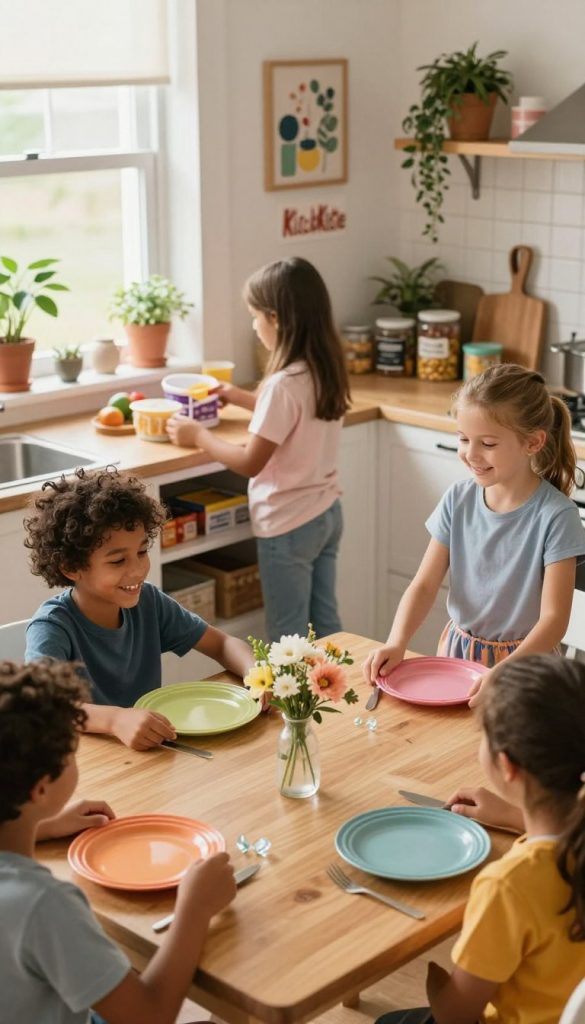 A warm and inviting kitchen scene featuring a diverse group of children aged 6-12, engaged in various age-appropriate household tasks that promote independence. In the foreground, a child carefully sets the table with colorful plates and a small vase of flowers, while another child is wiping down a kitchen counter with a cheerful smile. In the middle ground, a third child is arranging pantry items for easy access. The background highlights a cozy home setting filled with natural light, plants in the windowsill, and DIY decor elements that reflect a "KlickKiste" aesthetic. The atmosphere is positive and upbeat, with vibrant, warm colors enhancing the feeling of community and responsibility. The shot is taken with a slightly elevated angle to capture the action and the warm ambiance of the room.