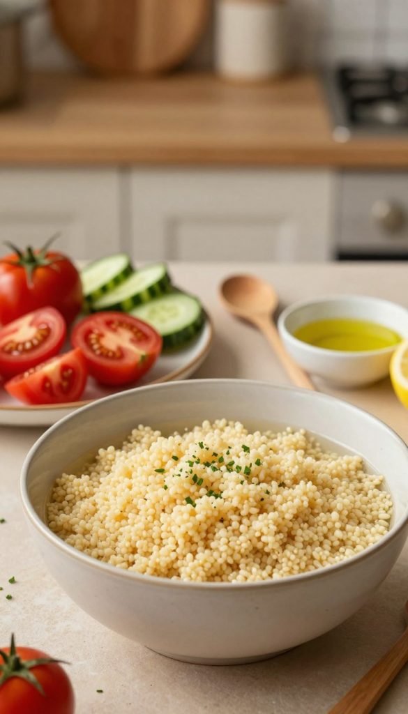A warm and inviting kitchen scene featuring a stylish bowl of fluffy couscous prepared with hot water, surrounded by fresh, vibrant vegetables such as diced tomatoes, cucumbers, and herbs. In the foreground, focus on the bowl, showing the light, airy texture of the couscous. In the middle, a wooden spoon rests beside the bowl, and a small dish of olive oil and lemon sits nearby, emphasizing healthy ingredients. The background features a rustic kitchen setting with warm, soft lighting illuminating the entire scene, creating a cozy atmosphere. The image evokes a sense of home-cooking and simplicity, reflecting the essence of healthy meal preparations. Incorporate warm colors and a natural, DIY aesthetic for a Pinterest-inspired look. Include the brand name "KlickKiste" subtly in the design.