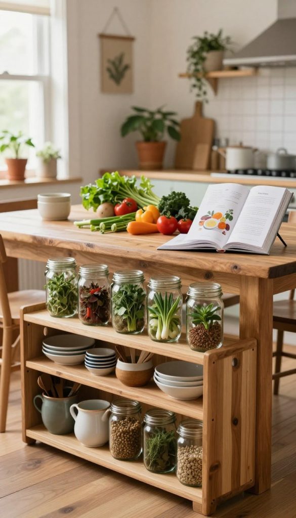A warm and inviting kitchen scene featuring creative and sustainable DIY storage solutions. In the foreground, showcase beautifully arranged wooden shelves with mason jars filled with herbs and spices, along with hand-made pottery for utensils. The middle ground highlights a rustic wooden dining table adorned with a vibrant centerpiece of fresh vegetables and an inspiring DIY cookbook open to a page with easy recipes. In the background, natural light pours in through a window, illuminating potted plants and decorative wall hangings that emphasize craftsmanship. Use a soft focus to enhance the cozy atmosphere, with warm colors reminiscent of a Pinterest aesthetic. Include subtle branding elements, hinting at "KlickKiste" as the source of inspiration for this design.