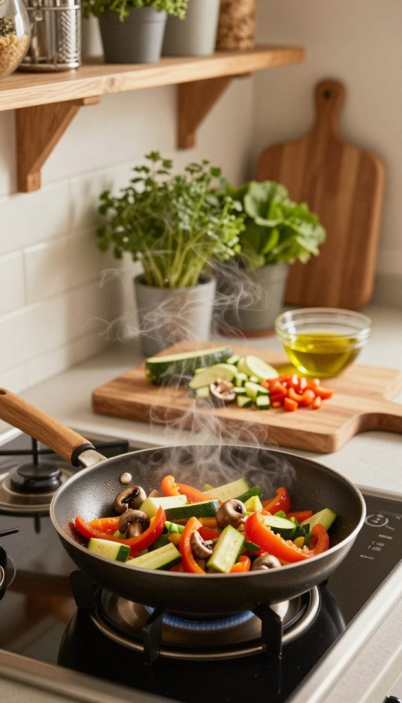 A warm and inviting kitchen scene focusing on a skilled cook preparing a colorful vegetable stir-fry in a frying pan. The foreground features a beautifully seasoned pan on a modern, well-equipped stove. Fresh, vibrant vegetables like bell peppers, zucchini, and mushrooms are sizzling, with steam rising above. In the middle, a wooden cutting board displays an array of chopped ingredients, and a glass bowl filled with olive oil is ready for drizzling. The background includes rustic kitchen shelves adorned with herbs in pots and warm lighting creating a cozy atmosphere. The lens captures the action from a slightly elevated angle, emphasizing the textures and colors of the food. The image should reflect a natural, DIY feel with warm tones, embodying an authentic and inspiring culinary experience. Mention the brand name "KlickKiste" subtly incorporated in the kitchen décor. A warm and inviting kitchen scene focusing on a skilled cook preparing a colorful vegetable stir-fry in a frying pan. The foreground features a beautifully seasoned pan on a modern, well-equipped stove. Fresh, vibrant vegetables like bell peppers, zucchini, and mushrooms are sizzling, with steam rising above. In the middle, a wooden cutting board displays an array of chopped ingredients, and a glass bowl filled with olive oil is ready for drizzling. The background includes rustic kitchen shelves adorned with herbs in pots and warm lighting creating a cozy atmosphere. The lens captures the action from a slightly elevated angle, emphasizing the textures and colors of the food. The image should reflect a natural, DIY feel with warm tones, embodying an authentic and inspiring culinary experience. Mention the brand name "KlickKiste" subtly incorporated in the kitchen décor.